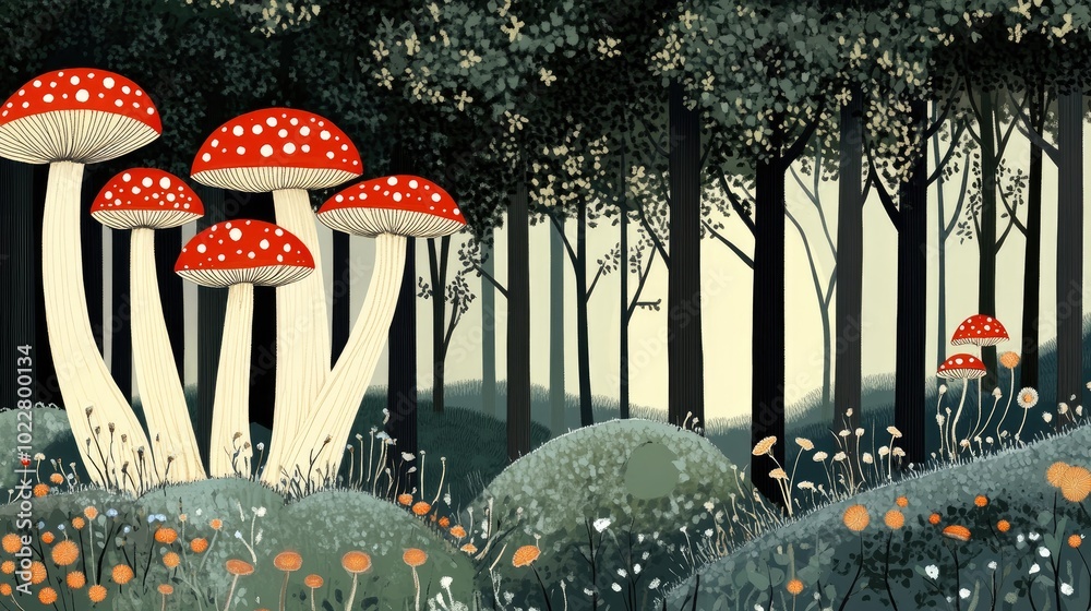 Poster blurry background of mushrooms in a forest