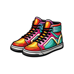 Illustration of a pair of high top sneakers with bright colors, black laces, and white trim.