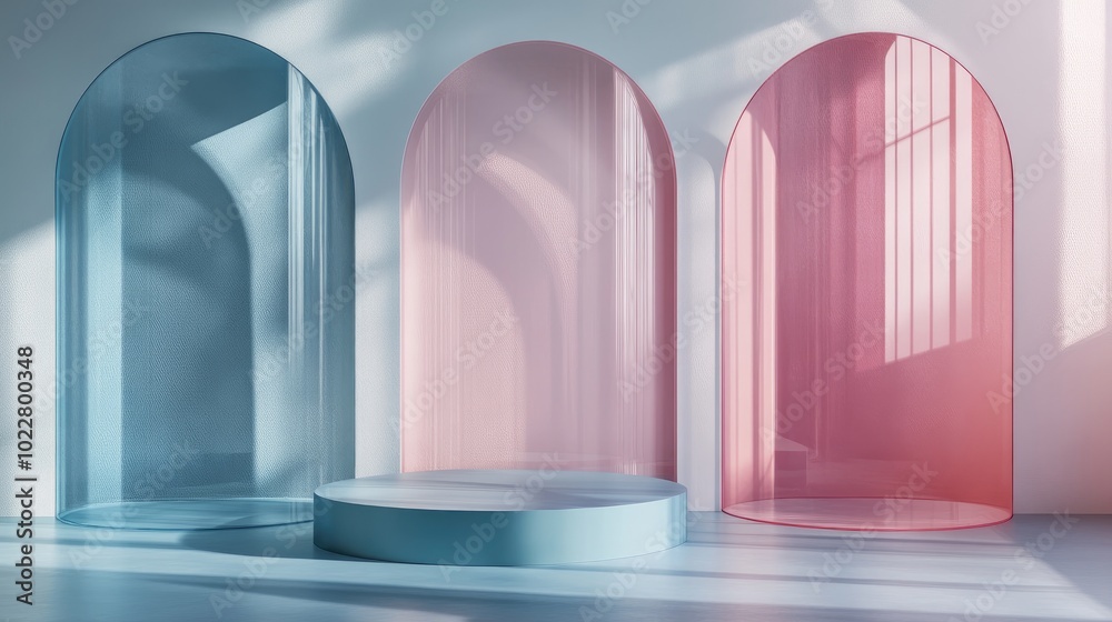 Poster 3d render featuring an abstract geometric background with translucent pink and blue glass arches a m
