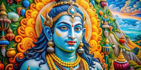 Fototapeta premium Stunning Shiva Wall Canvas Art Featuring Vibrant Colors and Intricate Religious Symbolism for Decor