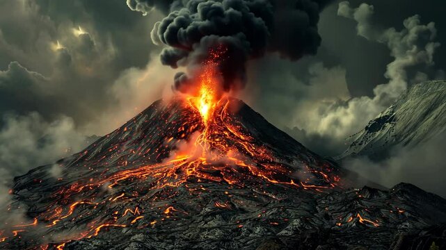 A fiery volcano erupts with smoke and lava against a stormy sky