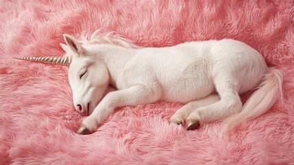 A white unicorn sleeping on a pink fur rug, a cute baby animal art piece
