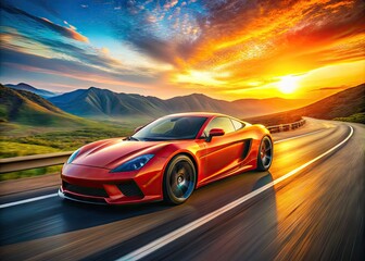 Obraz premium Stunning Sports Car in Motion Captured on Open Road, Showcasing Performance and Sleek Design