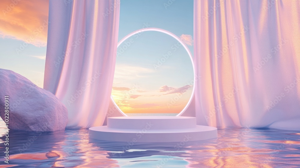 Aufkleber 3d podium display on water featuring a luminous gate and white curtain fabric ethereal background de