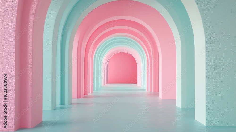 Poster 3D rendering featuring a minimal fashion backdrop with an archway tunnel or corridor perspective in pink and mint pastel hues