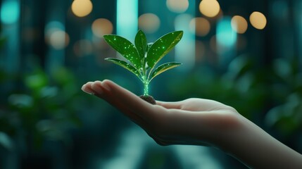 A hand gently cradles a small plant, symbolizing growth and sustainability, AI