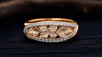 Close-up of an ornate gold ring with intricate leaf designs and encrusted with small diamonds, set against a dark background.