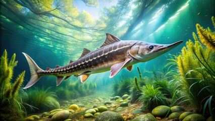 Stunning Sturgeon Fish Swimming Gracefully Underwater in Natural Habitat Captured in High Resolution