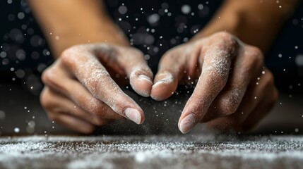 Fototapeta premium A close-up shot of a gymnast's hands covered in chalk, releasing dust particles into the air, symbolizing focus, strength, and dedication in gymnastics training