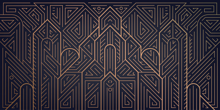 Vector art deco architecture, building line pattern. Gold elegant city illustration, vintage gatsby ornament.