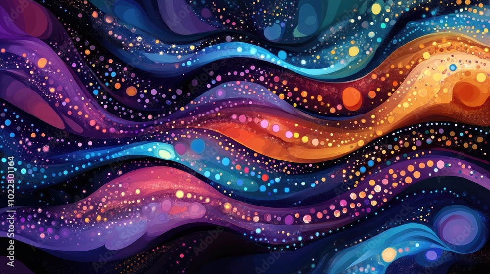 Aufkleber Abstract psychedelic waves background featuring vibrant pop dots and deep colors creating a fantastical texture