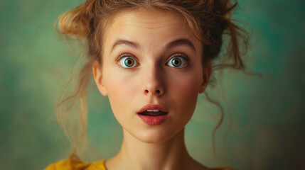 girl expresses emotion of surprise on light green background. Portrait of emotional girl