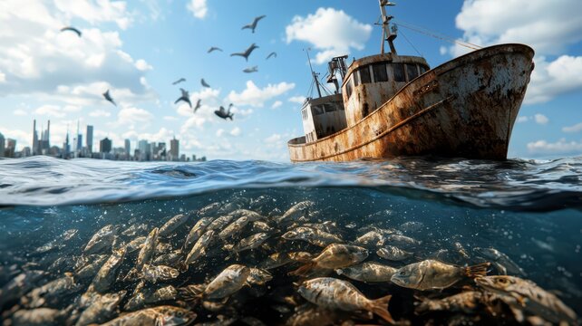overfishing scene with visibly depleted marine life.