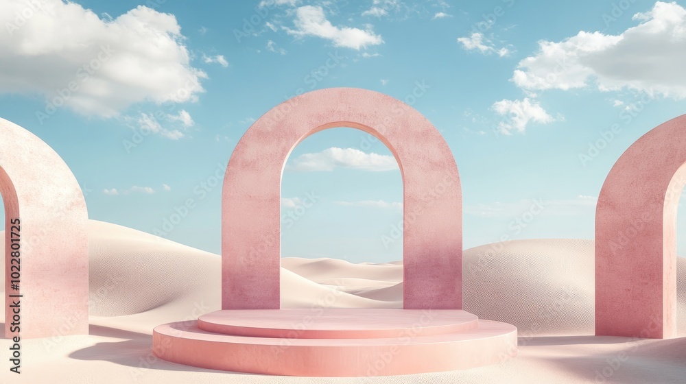 Aufkleber 3D Render Abstract surreal pastel landscape background featuring arches and podium for product display panoramic perspective vibrant dune setting with ample copy space blue sky with clouds minimal