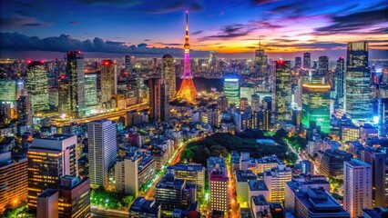 Stunning Tokyo Skyline Illuminated at Night with Vibrant City Lights and Colorful Neon Signs