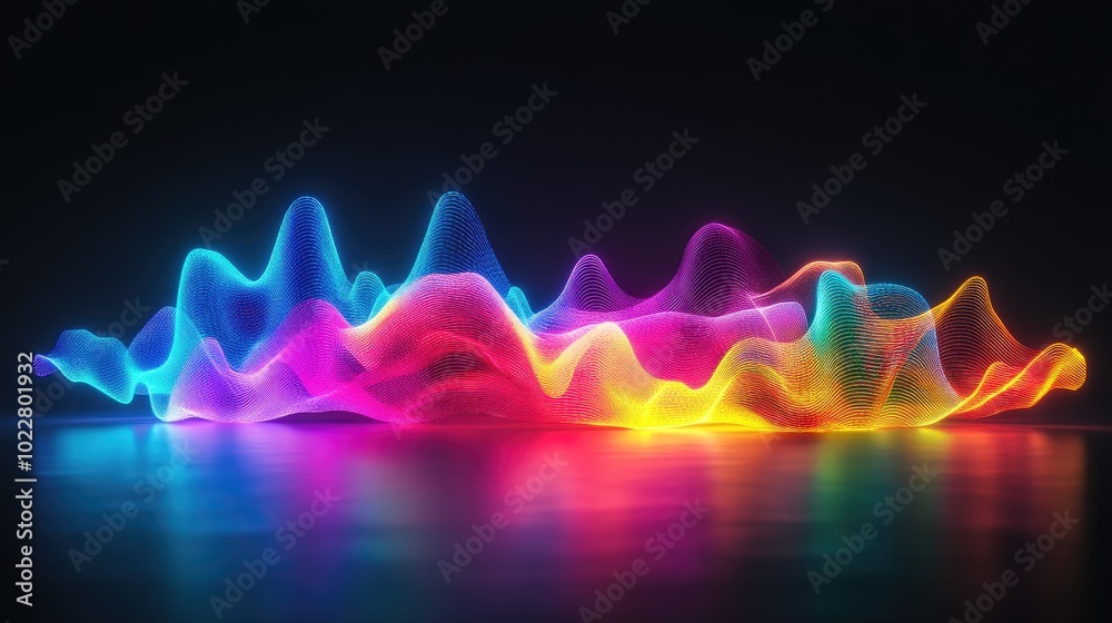Poster 3D Render Abstract Neon Background With Colorful Liquid Waves Gradient Big Data Visualization With Sound Music Effects Colorful Pulses And Waves Data Graph Representation