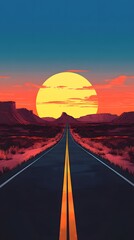 A long road leads into the distance, with mountains in the background and a desert landscape on both sides