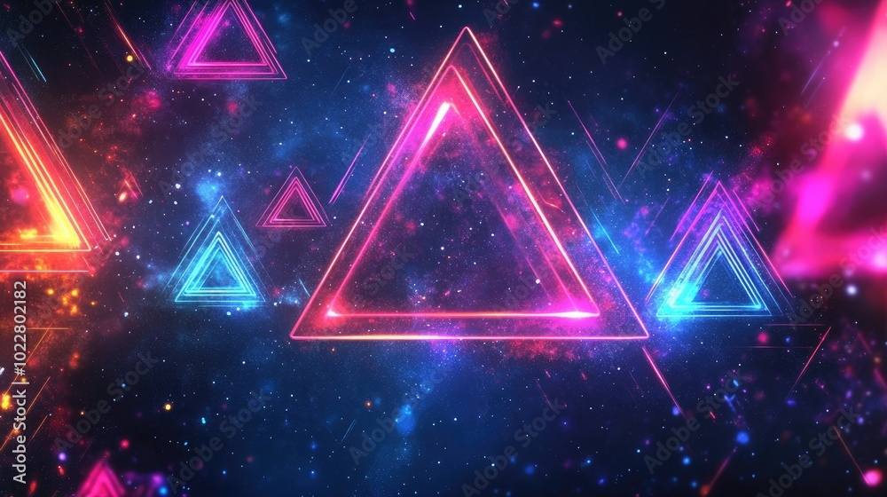 Poster colorful background with neon triangles glowing lines and stars gaming cosmos fantasy vibes backgrou