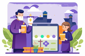 All saints day landing page design with religious symbols and autumn elements