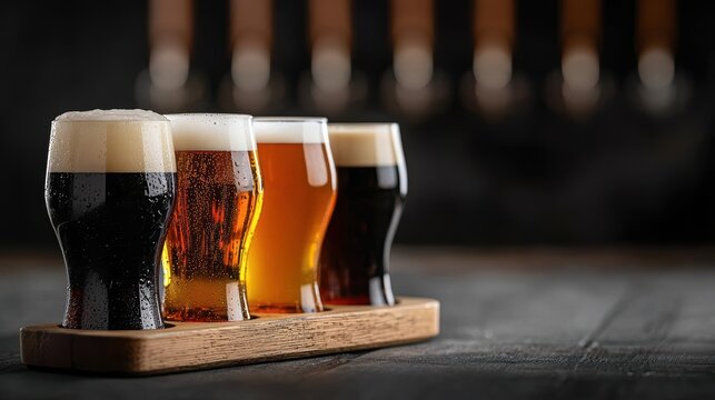 Four craft beer samples served on a wooden tray against a dark background.