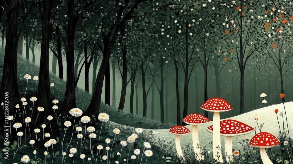 Poster blurry background of mushrooms in a forest