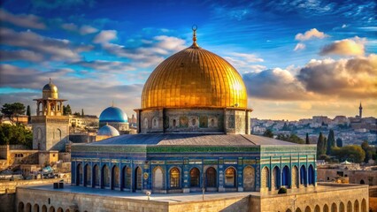 Fototapeta premium Stunning View of Dome Rock in Jerusalem Surrounded by Historical Architecture and Blue Sky