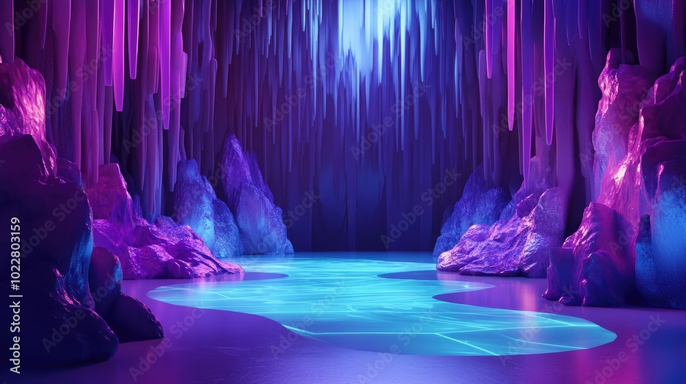 Aufkleber 3D render featuring an abstract violet and blue neon background in a dimly lit space with a luminous floor resembling an empty ice arena