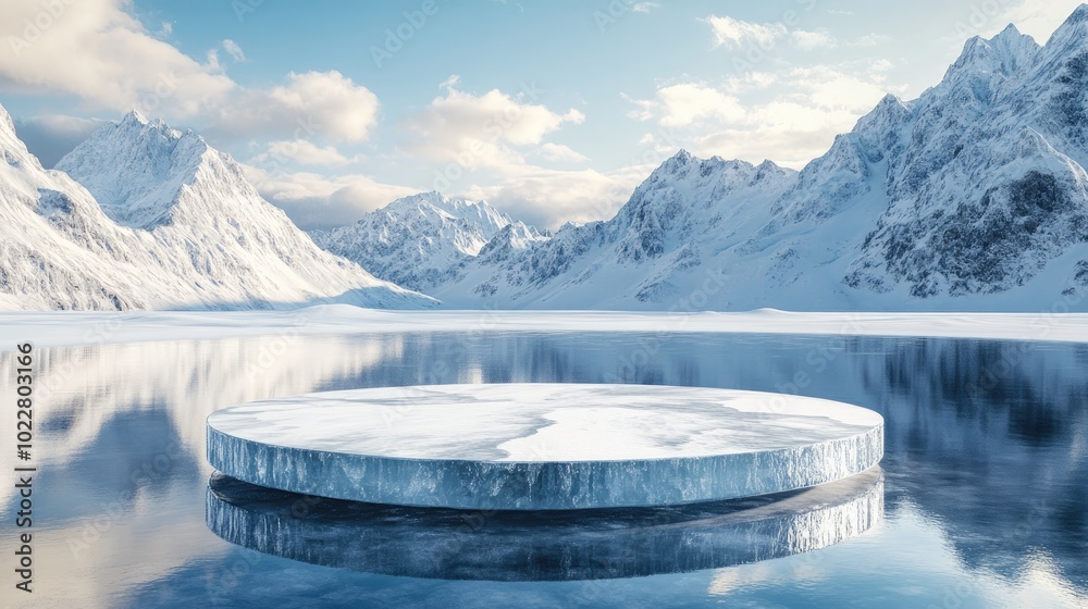 Aufkleber Abstract 3D rendering of a winter landscape featuring an ice podium on a snowy ground with a backdrop of snow capped mountains reflecting on the water surface suitable for product display advertis
