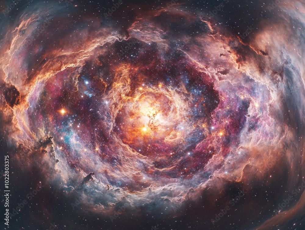 Poster 360 degree space nebula panorama with an equirectangular projection featuring an HDRI spherical background filled with stars and a vibrant nebula created in 3D
