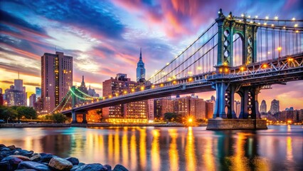 Fototapeta premium Stunning View of Manhattan Bridge from DUMBO with Iconic City Skyline and Vibrant Urban Atmosphere