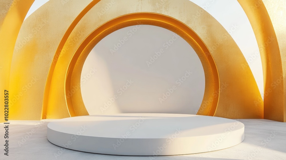 Poster 3D render of an abstract background featuring an empty circular stage golden arch and winding road Modern minimalist display scene with a round platform for showcasing luxury products
