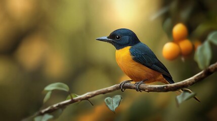 Fototapeta premium A Blue and Orange Bird Perched on a Branch