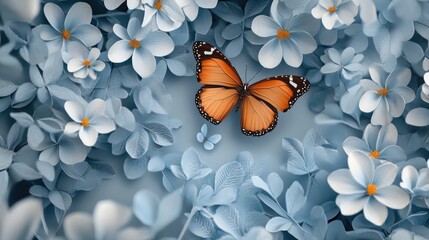 3D wallpaper featuring light blue flowers and butterflies