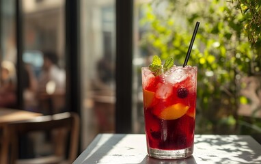 Refreshing summer drink with fruit and ice on a cafe table.