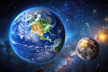 Fototapeta premium Stunning View of Planet Earth and the Moon Against a Starry Night Sky in Deep Space Imagery