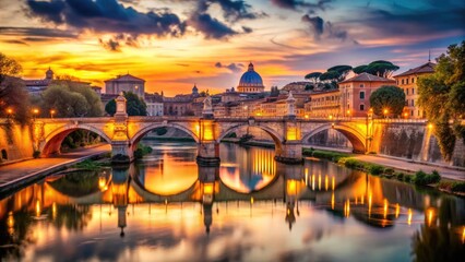 Fototapeta premium Stunning view of Ponte Vittorio Emanuele II bridge over the Tiber River in Rome, Italy at sunset