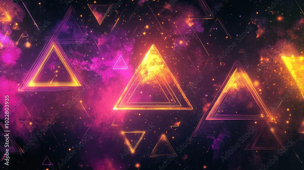 Poster colorful background with neon triangles glowing lines and stars gaming cosmos fantasy vibes backgrou
