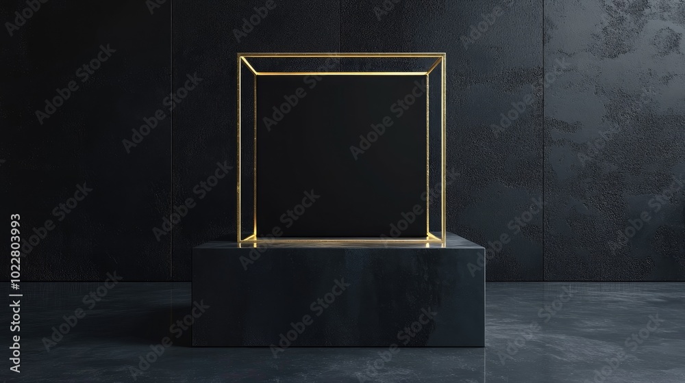 Poster black square box with a golden frame modern luxury concept pedestal podium stand 3d rendering