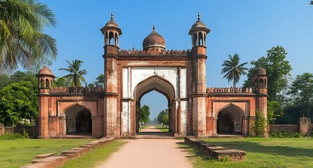 A grand, ancient brick archway with a path leading through it.