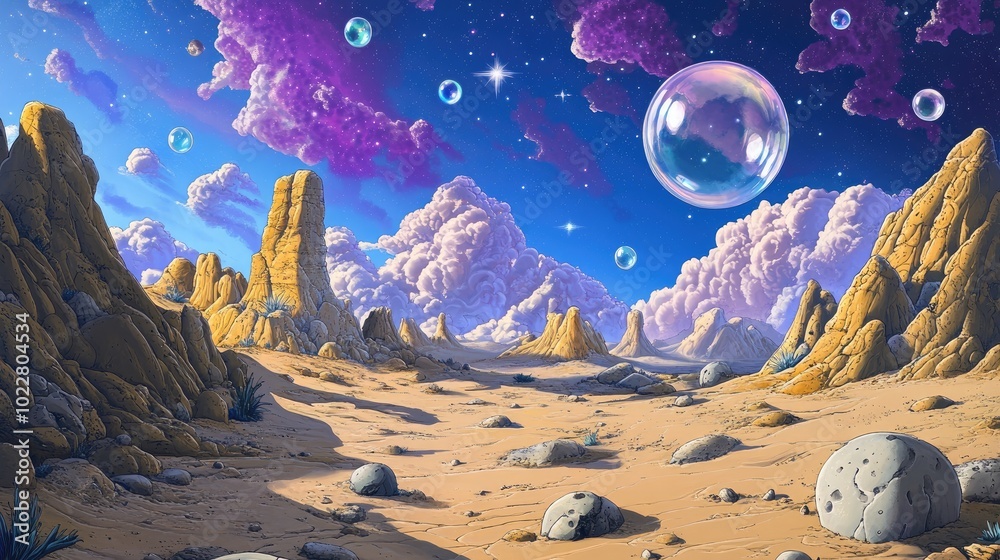 Poster cartoon planet landscape featuring a desert filled with rocks and stones set against an abstract ali