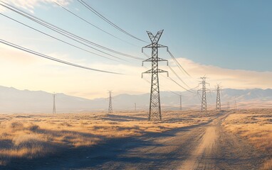 A dirt road leads through a dry, grassy field with a line of power towers reaching into the distance under a hazy sky.