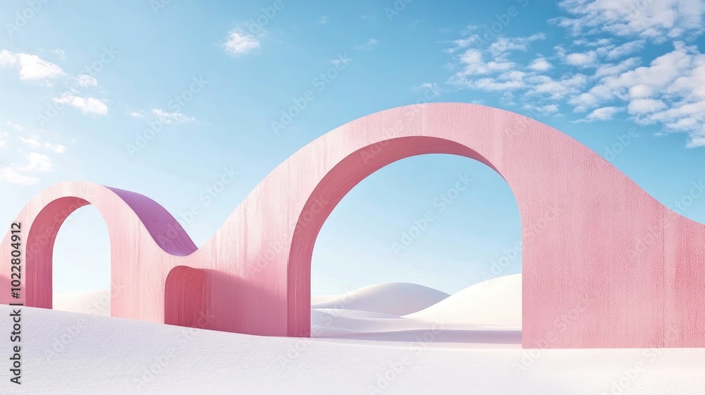 Poster 3D Render Abstract surreal pastel landscape featuring modern architecture and geometric arches vibrant dune scene with ample copy space blue sky with clouds minimalist design elements