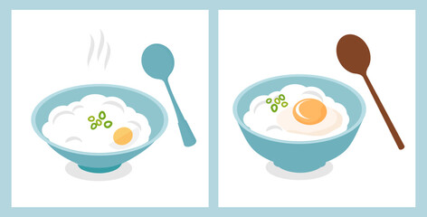 Rice porridge in blue bowls and spoons on white backgrounds vector.