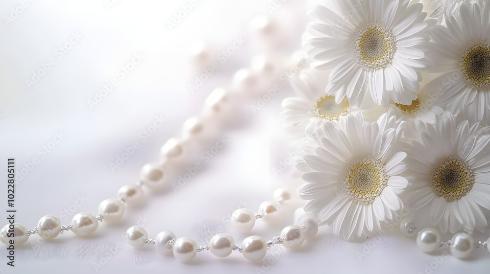 Poster Pure white daisies and lustrous pearls on a pristine backdrop, space for text or image insertion