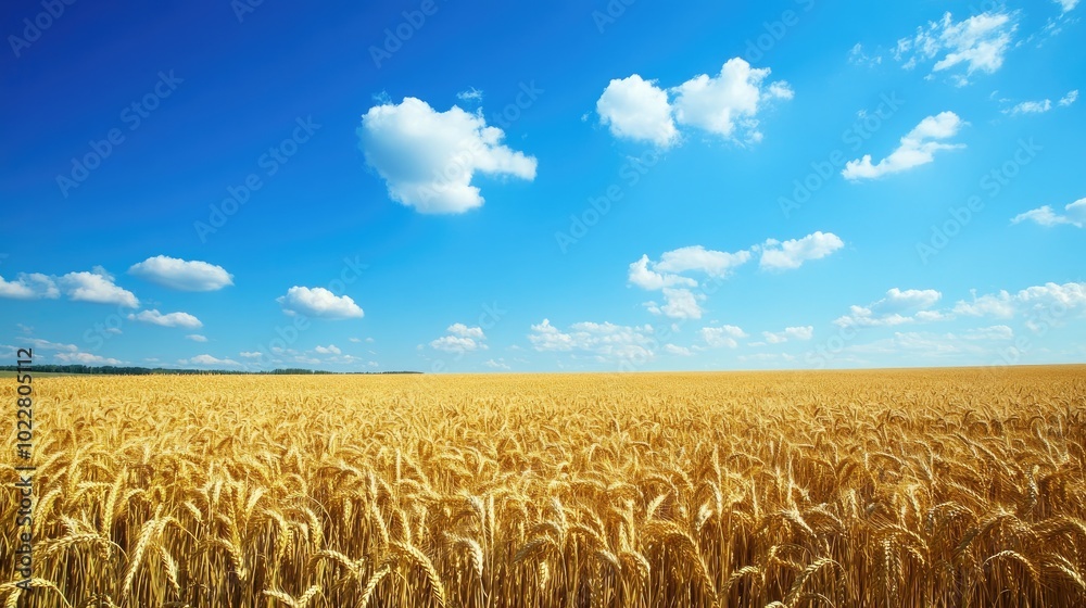 Poster a sprawling golden wheat field stretches to the horizon beneath a clear blue sky dotted with a few c