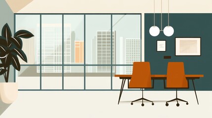 Fototapeta premium Modern office interior with a city view, featuring a desk and chairs.