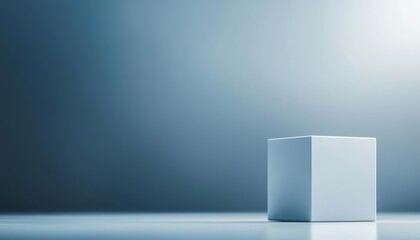 Minimalist cube on reflective surface, soft blue lighting, perfect for modern design concepts.