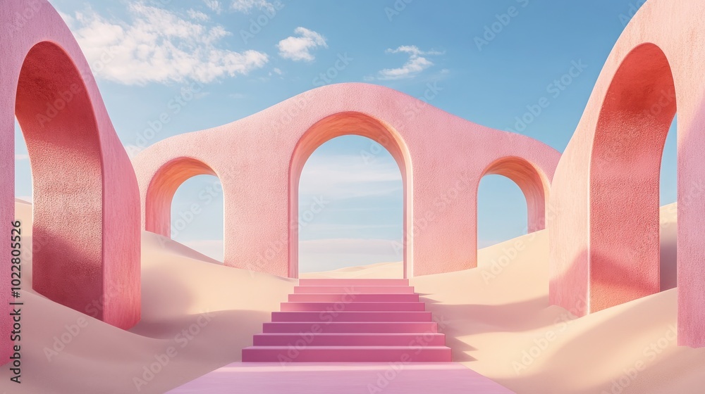 Aufkleber 3D Render Abstract surreal pastel landscape background featuring arches and podium for product display panoramic perspective vibrant dune setting with ample copy space blue sky with clouds minimal