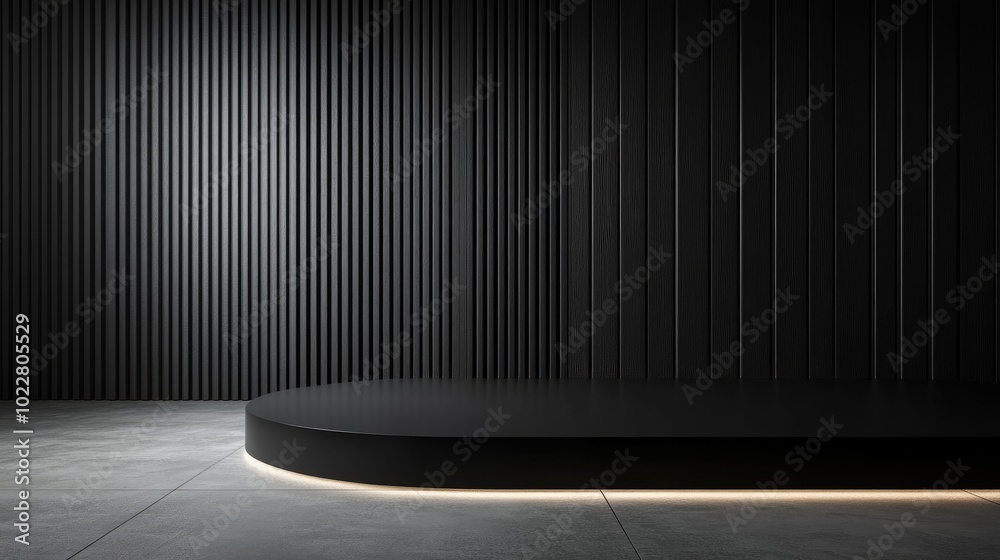 Poster 3D rendering illustration for promotional use Display stand set against a dark backdrop A solitary illuminated black podium Unoccupied display area