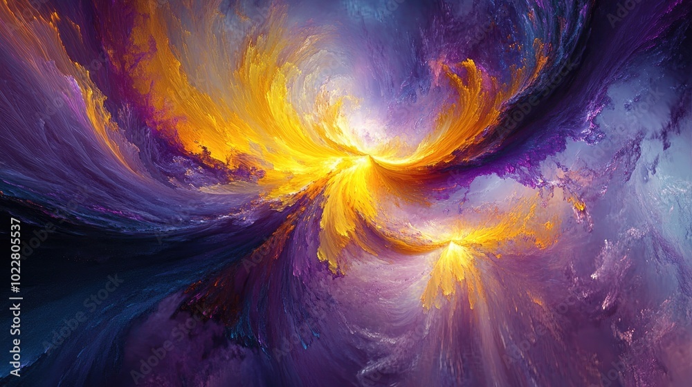 Poster Abstract textured painting featuring dynamic strokes in yellow violet and blue Fractal design and imaginative digital art in a 3D perspective